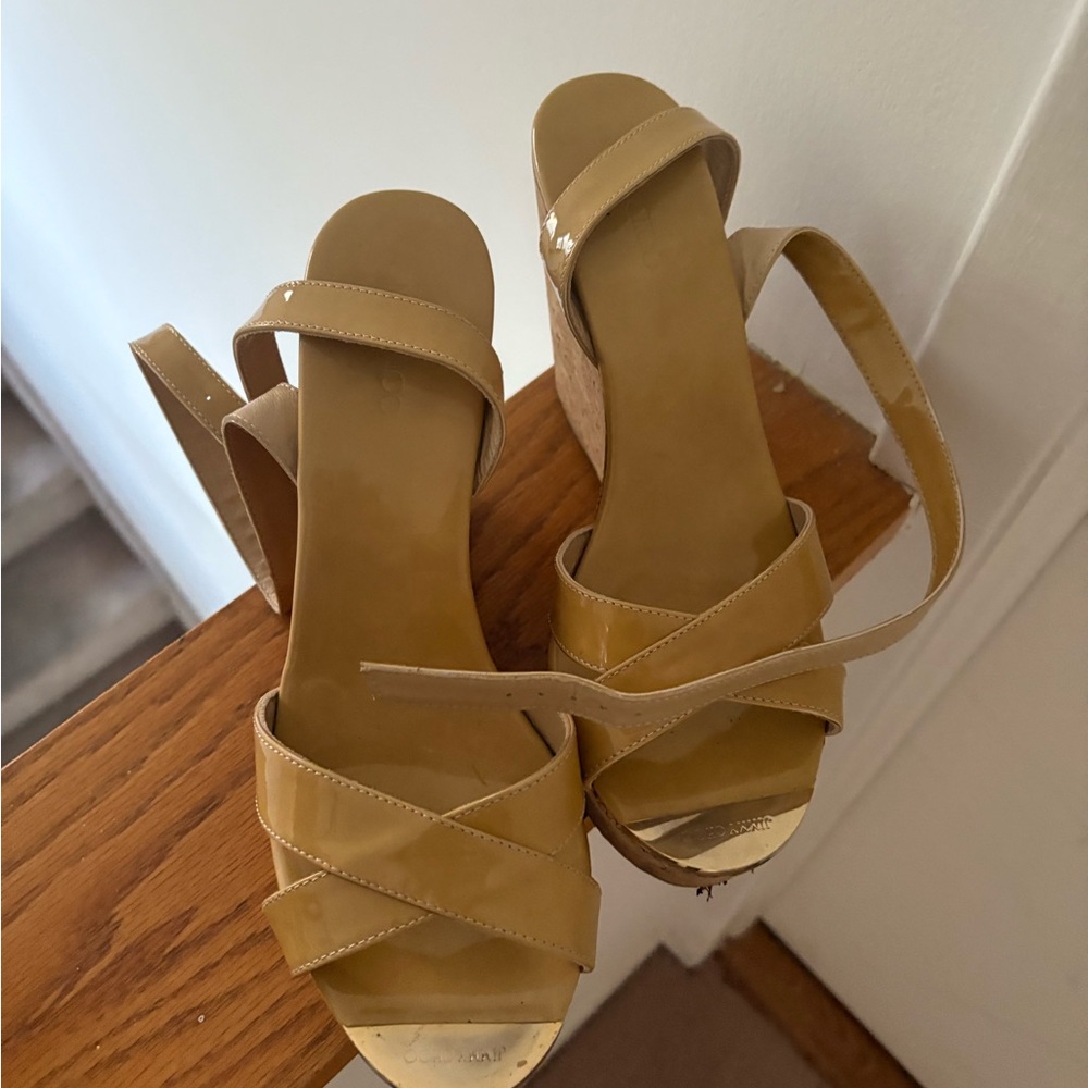 Jimmy Choo Tan Patent Wedge Sandals